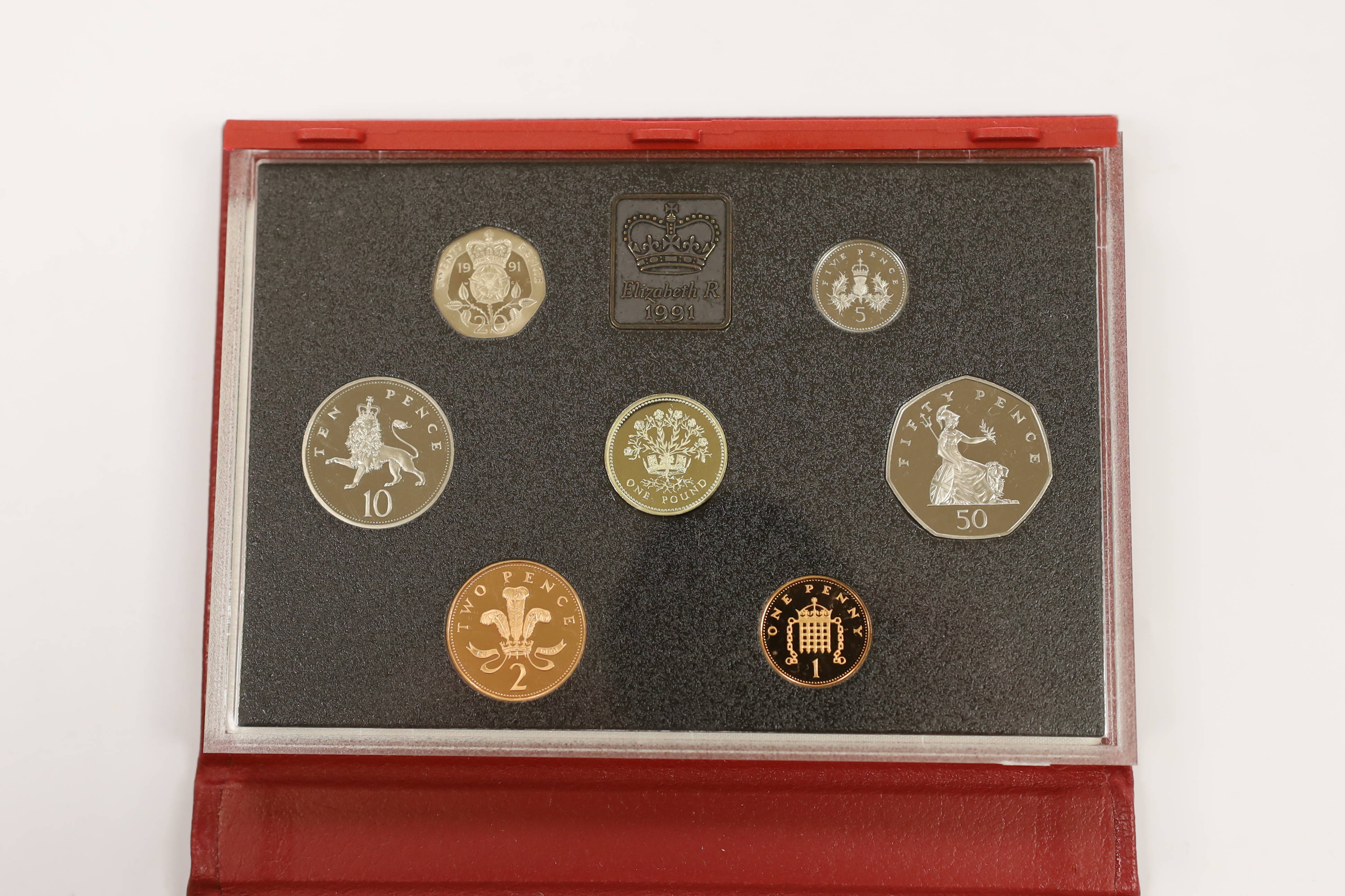 Royal Mint UK QEII proof coin year sets for 1990-1995 and 1997-1999, together with 1996 seven coin silver proof 25th Anniversary of Decimal Currency in Britain, 10 cases